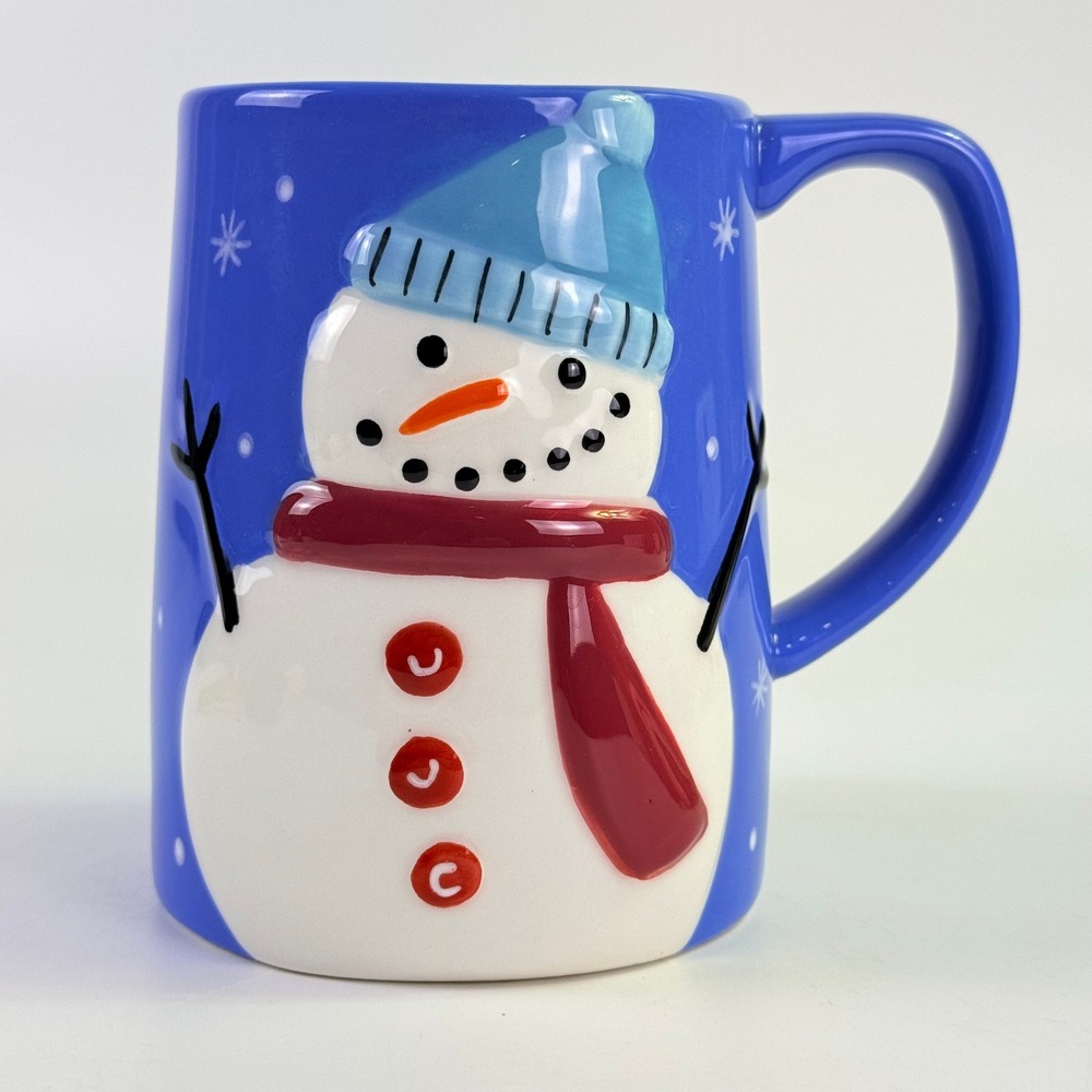 Lang Snowman Coffee Mug Blue Ceramic 3D Embossed Christmas Holiday Cup Excellent